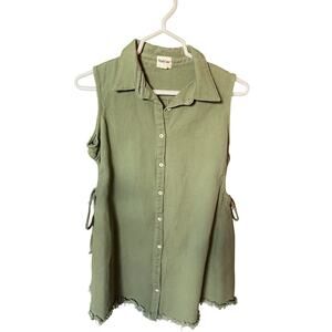 Peach Love Women’s Green Sleeveless Button-Up Top with Side Cutouts & Tie Detail